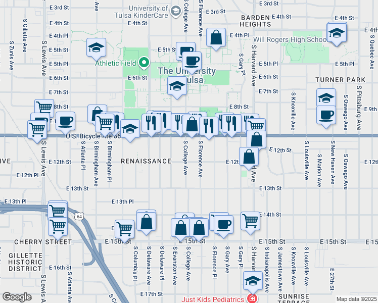map of restaurants, bars, coffee shops, grocery stores, and more near 1131 South College Avenue in Tulsa