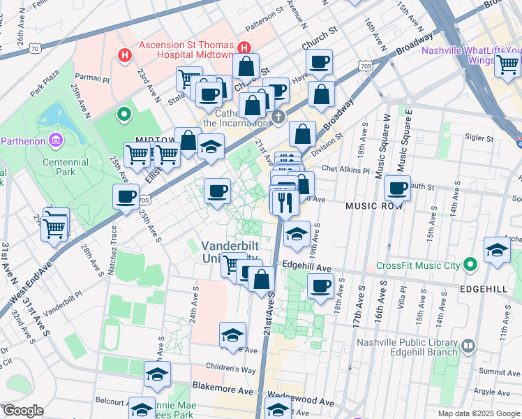 map of restaurants, bars, coffee shops, grocery stores, and more near 411 21st Avenue South in Nashville