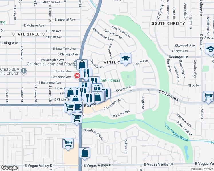 map of restaurants, bars, coffee shops, grocery stores, and more near 5150 East Sahara Avenue in Las Vegas