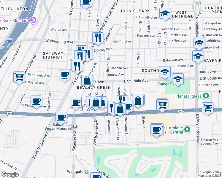map of restaurants, bars, coffee shops, grocery stores, and more near 2013 Santa Ynez Drive in Las Vegas
