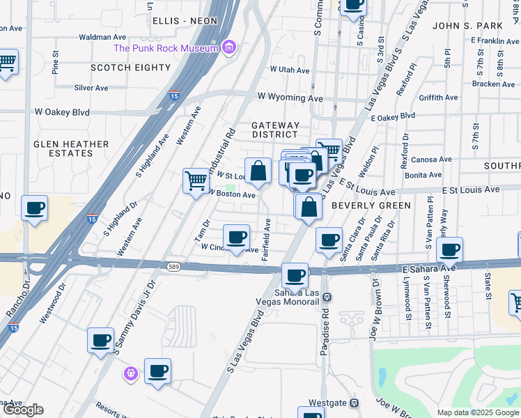 map of restaurants, bars, coffee shops, grocery stores, and more near 2111 Fairfield Avenue in Las Vegas