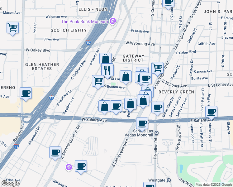 map of restaurants, bars, coffee shops, grocery stores, and more near 211 West Boston Avenue in Las Vegas