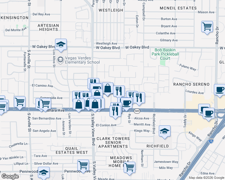 map of restaurants, bars, coffee shops, grocery stores, and more near 2300 Plaza Del Prado in Las Vegas