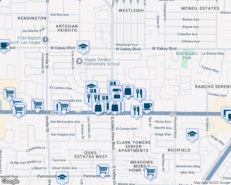 map of restaurants, bars, coffee shops, grocery stores, and more near 2300 South Valley View Boulevard in Las Vegas