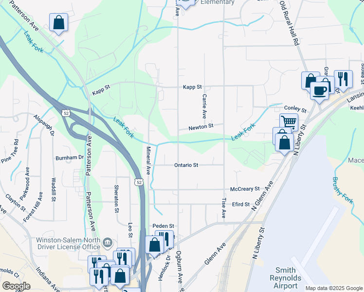 map of restaurants, bars, coffee shops, grocery stores, and more near 4238 Ogburn Avenue in Winston-Salem