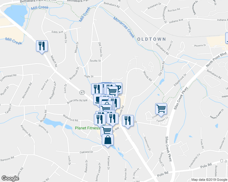 map of restaurants, bars, coffee shops, grocery stores, and more near 137 Columbine Drive in Winston-Salem