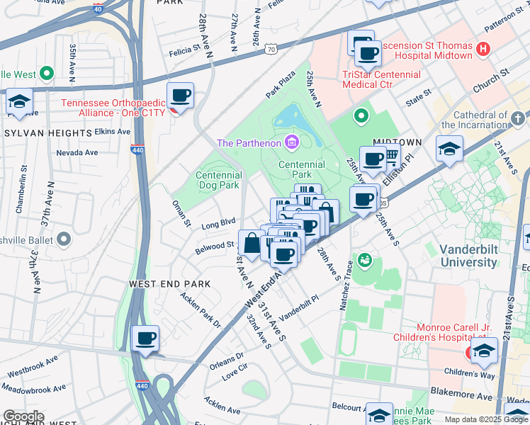 map of restaurants, bars, coffee shops, grocery stores, and more near 303 29th Avenue North in Nashville