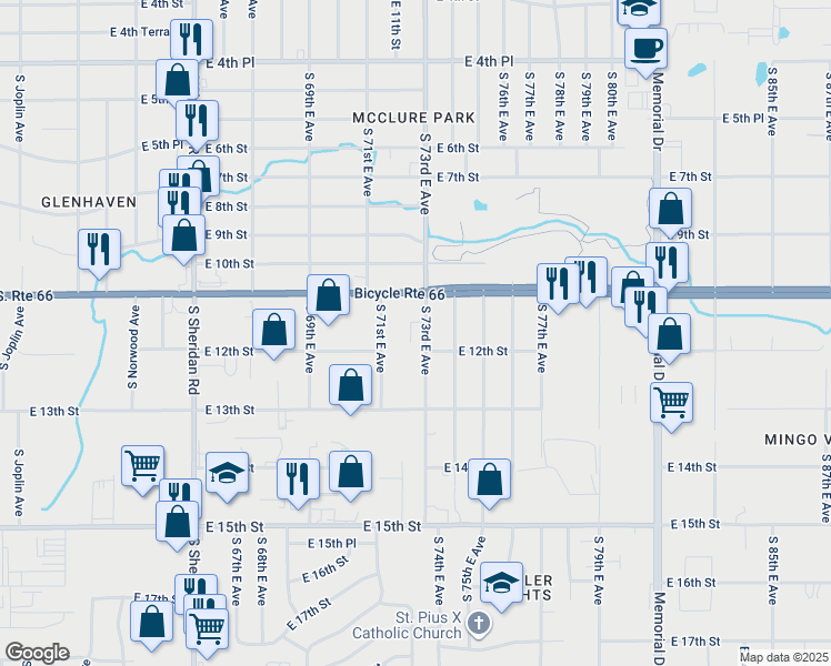 map of restaurants, bars, coffee shops, grocery stores, and more near 1131 South 71st East Avenue in Tulsa