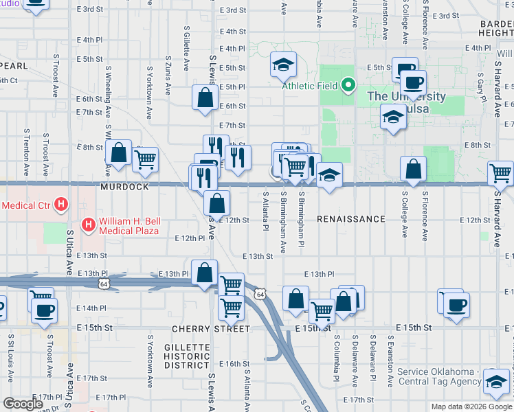 map of restaurants, bars, coffee shops, grocery stores, and more near 1112 South Atlanta Place in Tulsa