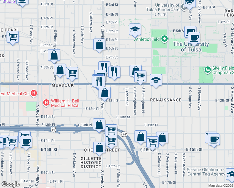 map of restaurants, bars, coffee shops, grocery stores, and more near 1120 South Atlanta Avenue in Tulsa