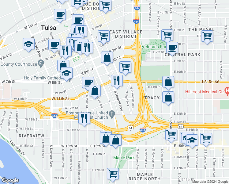 map of restaurants, bars, coffee shops, grocery stores, and more near 1102 South Detroit Avenue in Tulsa