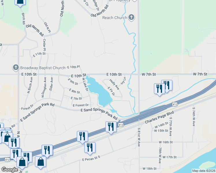 map of restaurants, bars, coffee shops, grocery stores, and more near 1524 East Fir Drive in Sand Springs
