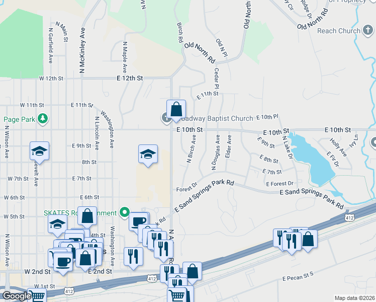 map of restaurants, bars, coffee shops, grocery stores, and more near 808 North Ash Avenue in Sand Springs