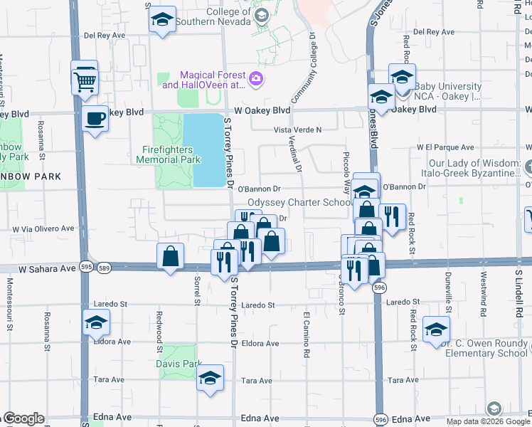 map of restaurants, bars, coffee shops, grocery stores, and more near 6324 Peppermill Drive in Las Vegas