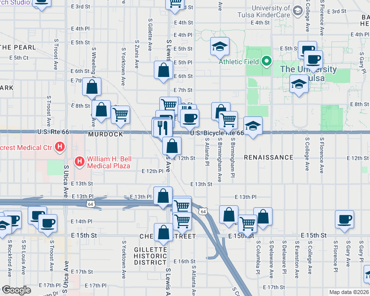 map of restaurants, bars, coffee shops, grocery stores, and more near 1120 South Atlanta Avenue in Tulsa