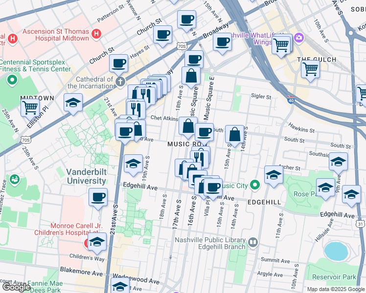 map of restaurants, bars, coffee shops, grocery stores, and more near in Nashville