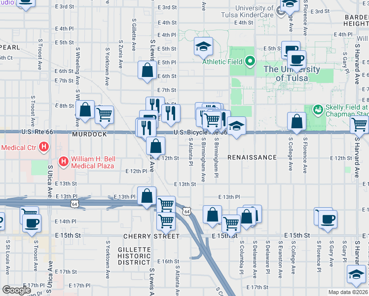 map of restaurants, bars, coffee shops, grocery stores, and more near 1112 South Atlanta Place in Tulsa