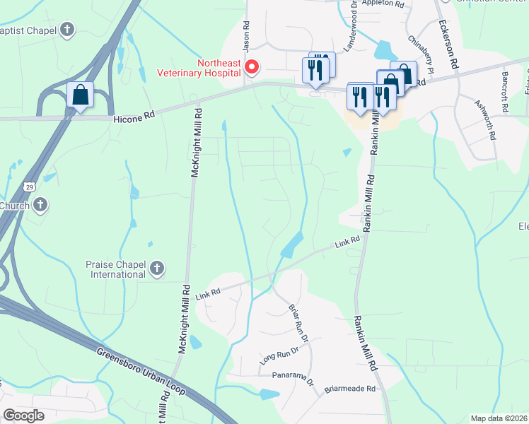 map of restaurants, bars, coffee shops, grocery stores, and more near 5 Bruin Court in Greensboro