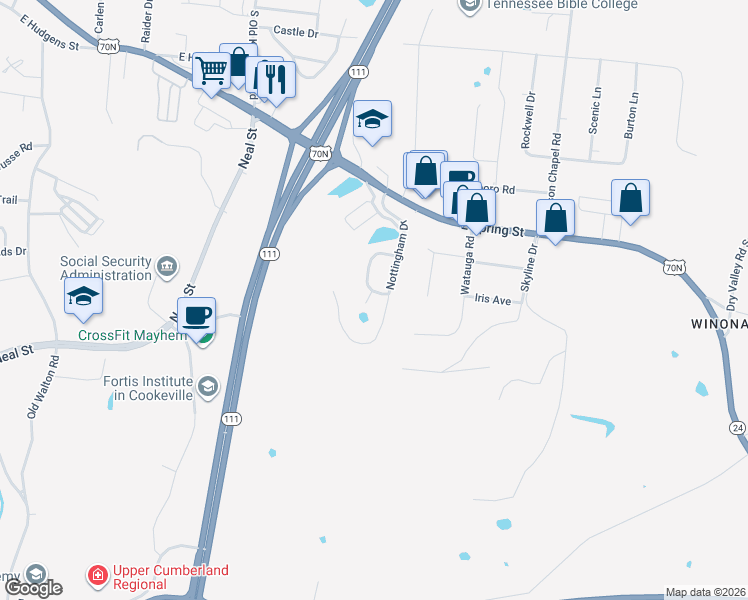 map of restaurants, bars, coffee shops, grocery stores, and more near 1482 Oxford Place in Cookeville