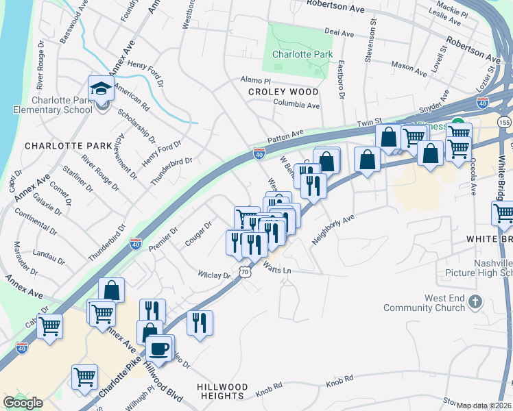 map of restaurants, bars, coffee shops, grocery stores, and more near 415 American Road in Nashville