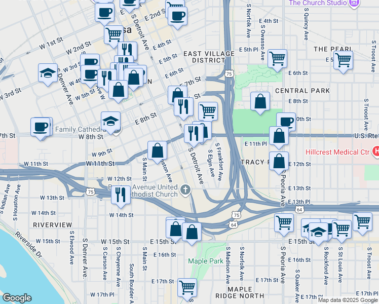 map of restaurants, bars, coffee shops, grocery stores, and more near 1102 South Detroit Avenue in Tulsa