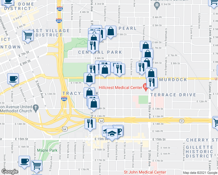 map of restaurants, bars, coffee shops, grocery stores, and more near 1127 South Quincy Avenue in Tulsa
