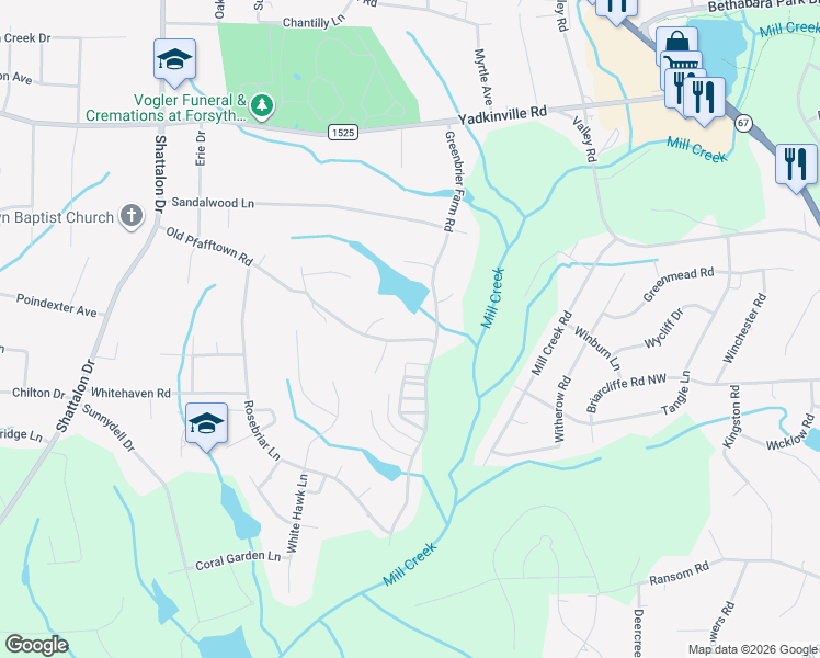 map of restaurants, bars, coffee shops, grocery stores, and more near 3535 Old Pfafftown Road in Winston-Salem