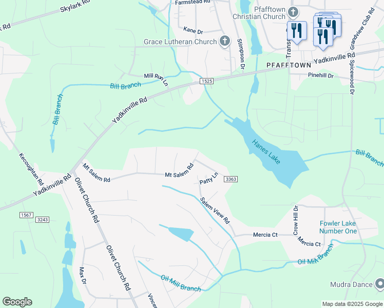 map of restaurants, bars, coffee shops, grocery stores, and more near 2475 Mount Salem Road in Forsyth County