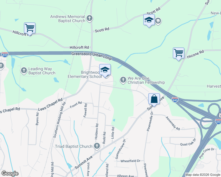 map of restaurants, bars, coffee shops, grocery stores, and more near 1912 Brightwood School Road in Greensboro
