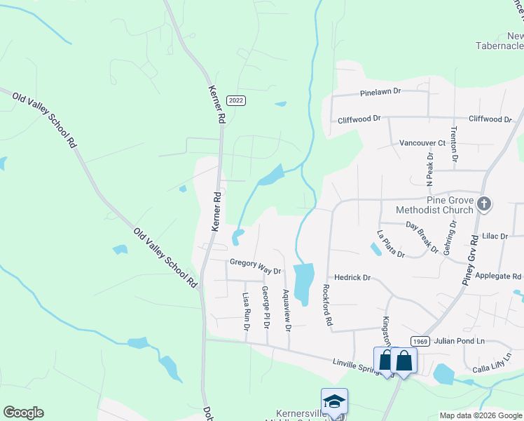 map of restaurants, bars, coffee shops, grocery stores, and more near 1040 William Brown Lane in Kernersville