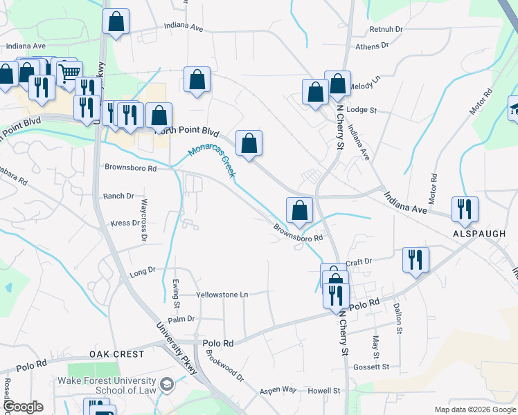 map of restaurants, bars, coffee shops, grocery stores, and more near 4239 Brownsboro Road in Winston-Salem