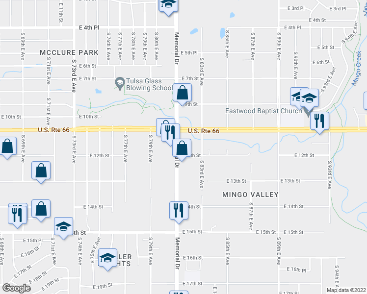 map of restaurants, bars, coffee shops, grocery stores, and more near 1133 South Memorial Drive in Tulsa