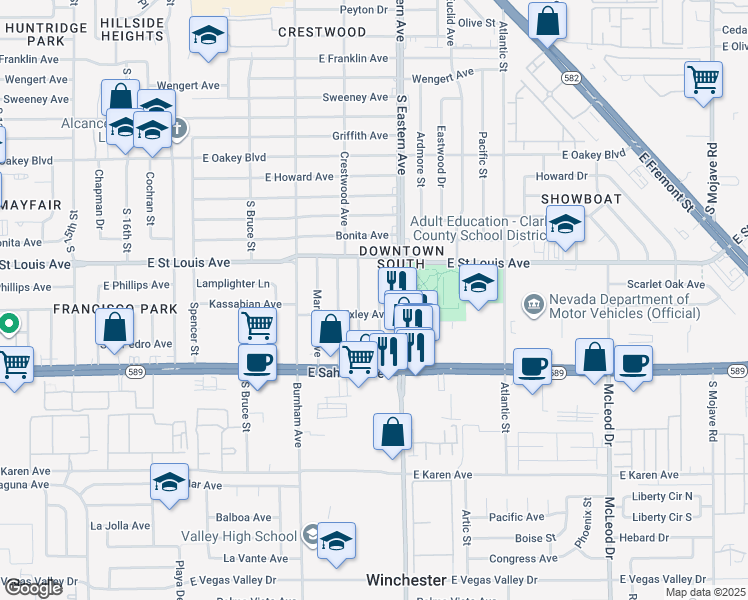 map of restaurants, bars, coffee shops, grocery stores, and more near 2109 San Jose Avenue in Las Vegas