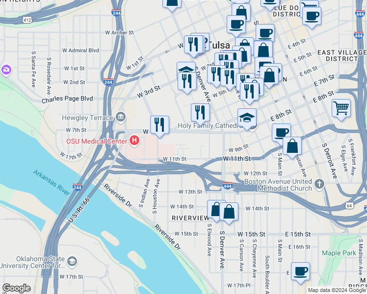 map of restaurants, bars, coffee shops, grocery stores, and more near 615 West 11th Street in Tulsa