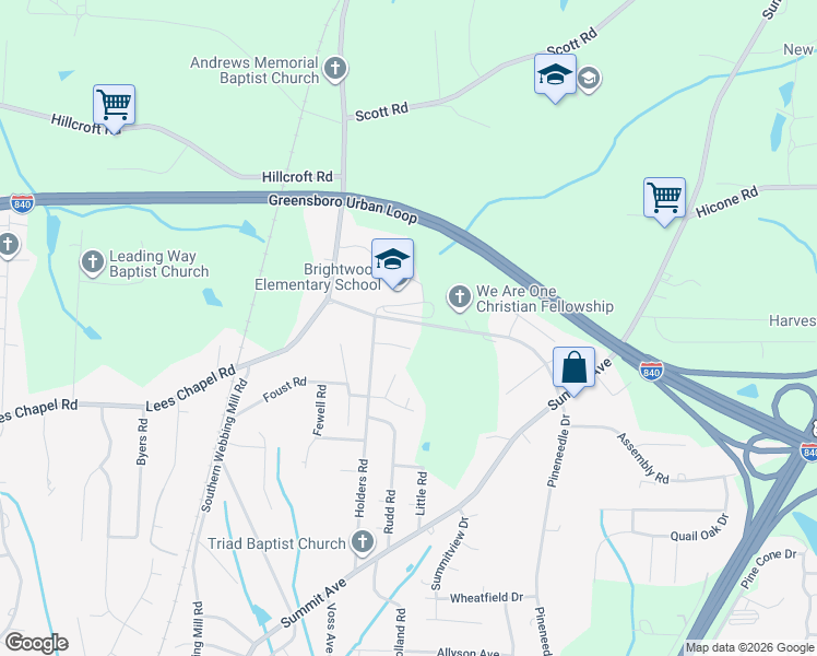 map of restaurants, bars, coffee shops, grocery stores, and more near 1912 Brightwood School Road in Greensboro