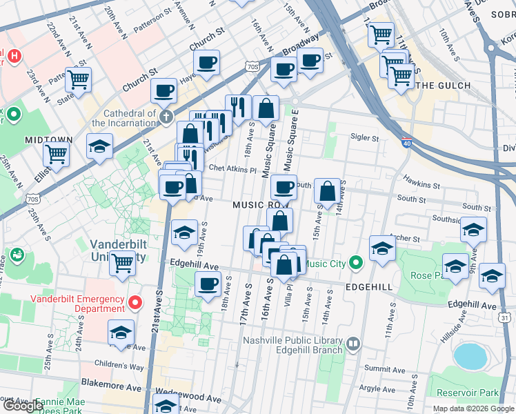 map of restaurants, bars, coffee shops, grocery stores, and more near 1001 17th Avenue South in Nashville