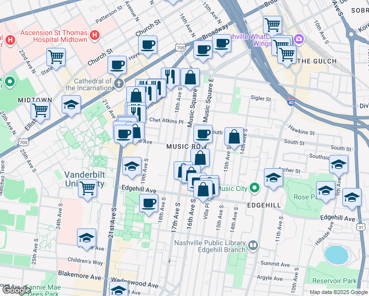 map of restaurants, bars, coffee shops, grocery stores, and more near 1001 17th Avenue South in Nashville