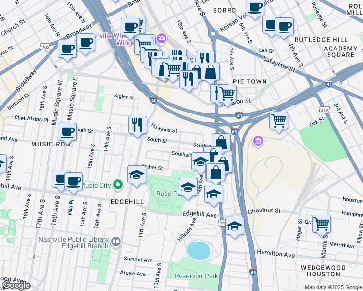 map of restaurants, bars, coffee shops, grocery stores, and more near 939B South Street in Nashville