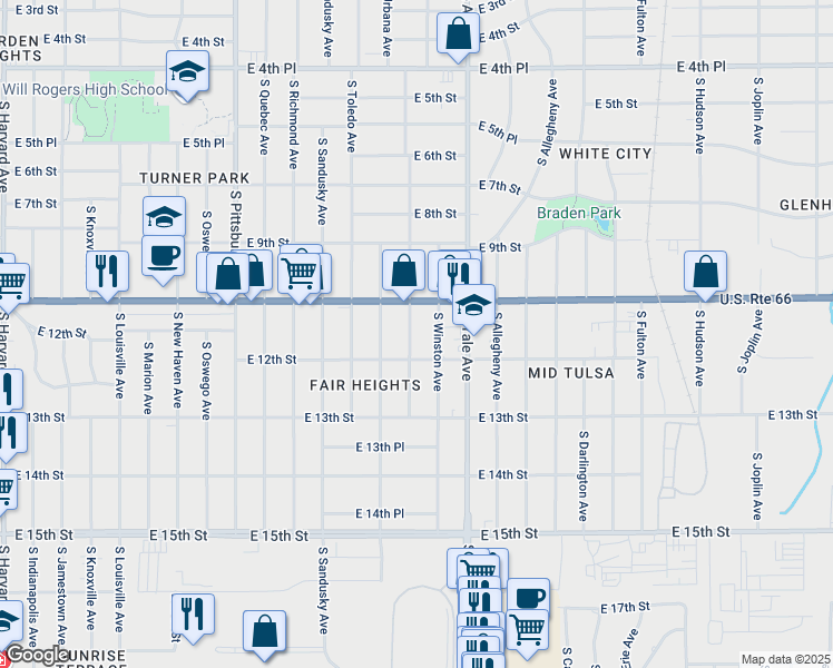 map of restaurants, bars, coffee shops, grocery stores, and more near 1127 South Vandalia Avenue in Tulsa