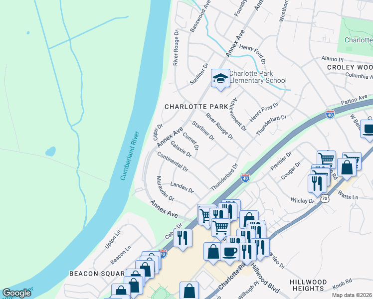 map of restaurants, bars, coffee shops, grocery stores, and more near 620 Galaxie Drive in Nashville