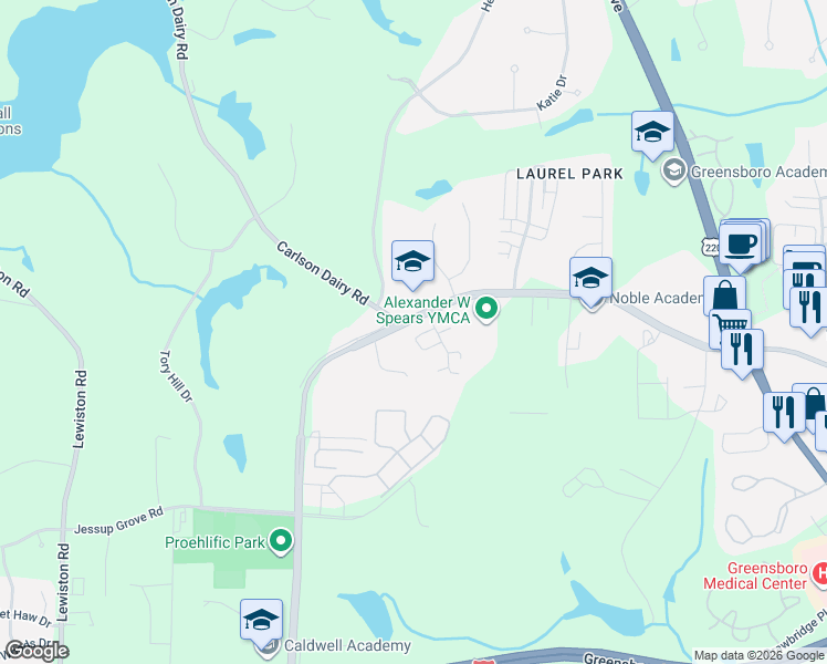 map of restaurants, bars, coffee shops, grocery stores, and more near 3202 Horse Pen Creek Road in Greensboro