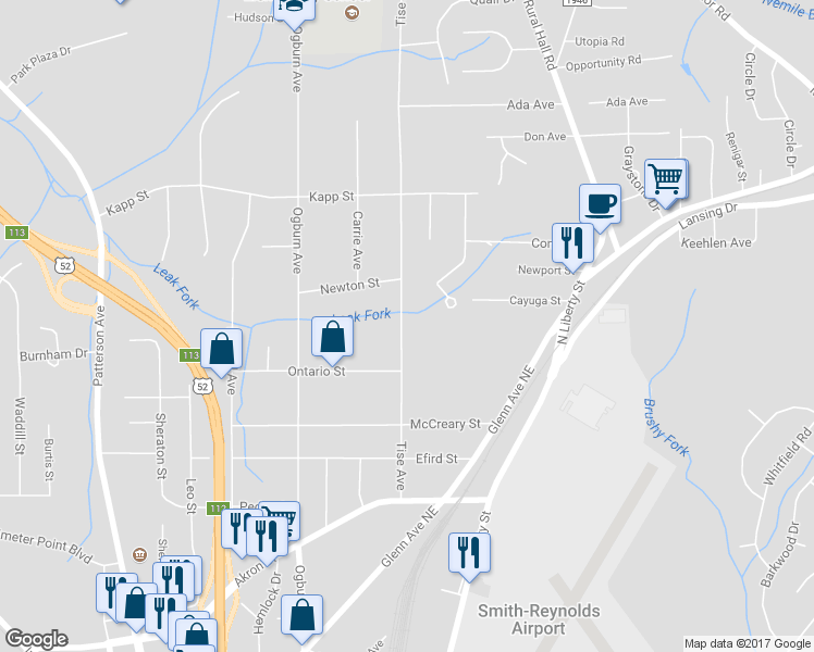 map of restaurants, bars, coffee shops, grocery stores, and more near 4243 Tise Avenue in Winston-Salem