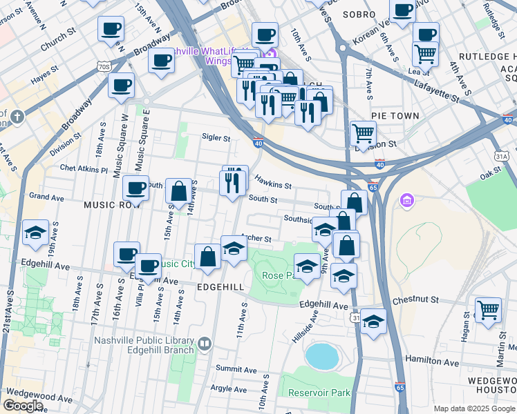 map of restaurants, bars, coffee shops, grocery stores, and more near 1021 South Street in Nashville