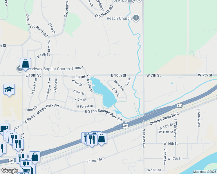 map of restaurants, bars, coffee shops, grocery stores, and more near 1524 East Fir Drive in Sand Springs