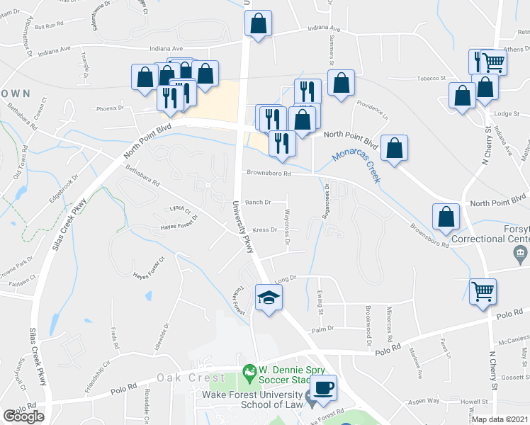 map of restaurants, bars, coffee shops, grocery stores, and more near 1012 Ranch Drive in Winston-Salem