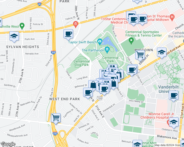 map of restaurants, bars, coffee shops, grocery stores, and more near 303 29th Avenue North in Nashville