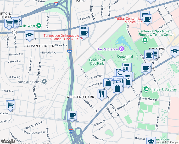 map of restaurants, bars, coffee shops, grocery stores, and more near 3131 Parthenon Avenue in Nashville