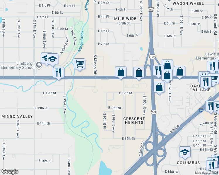 map of restaurants, bars, coffee shops, grocery stores, and more near 9837 East 12th Street in Tulsa