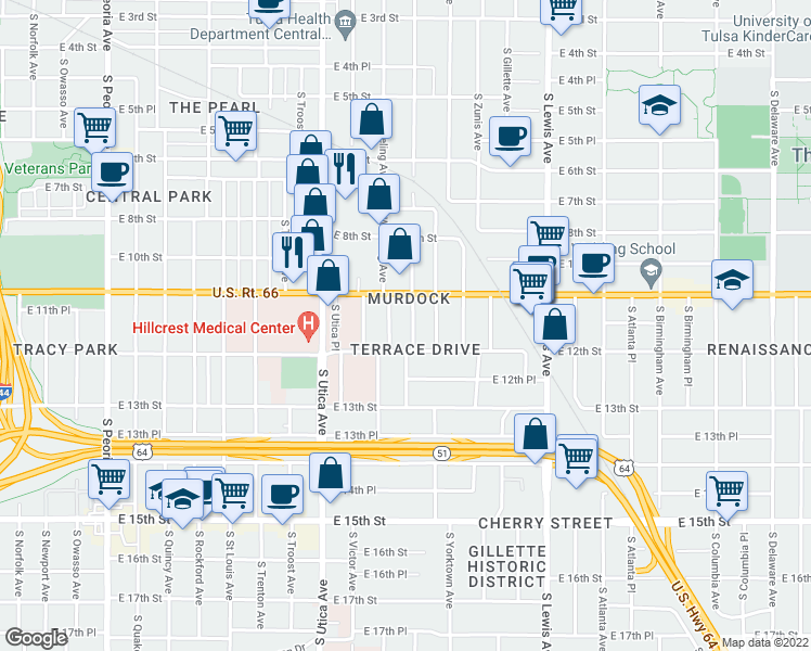 map of restaurants, bars, coffee shops, grocery stores, and more near 1120 South Xanthus Avenue in Tulsa