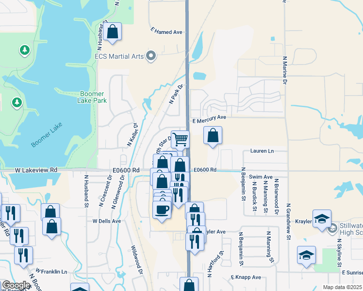 map of restaurants, bars, coffee shops, grocery stores, and more near 2408 North Perkins Road in Stillwater